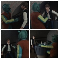 INTERIOR: MOS EISLEY CANTINA. As Han is about to leave as Greedo, a slimy green-faced alien with a short trunk-nose, pokes a gun in his chest. The creature speaks in a foreign tongue. GREEDO: <<Going somewhere, Solo?>> HAN: "Yes, Greedo. As a matter of fact, I was just going to see your boss. Tell Jabba that I've got his money." Han sits down and the alien sits across from him, still with his gun raised. #starwars #anhwt #toyshelf